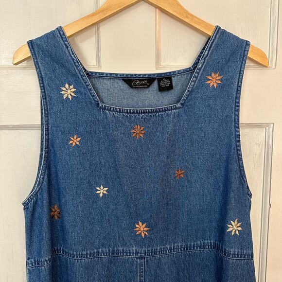 Vintage Denim Maxi Dress Modest Floral Embroidered Sleeveless Pullover‎ Size PL - Picture 5 of 6
